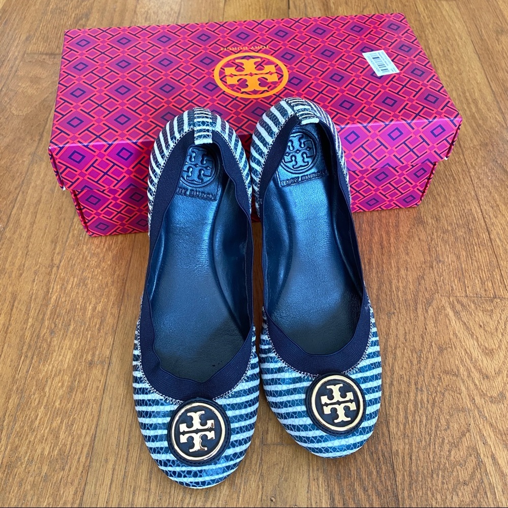 Tory Burch Striped Caroline Flats - Navy and White